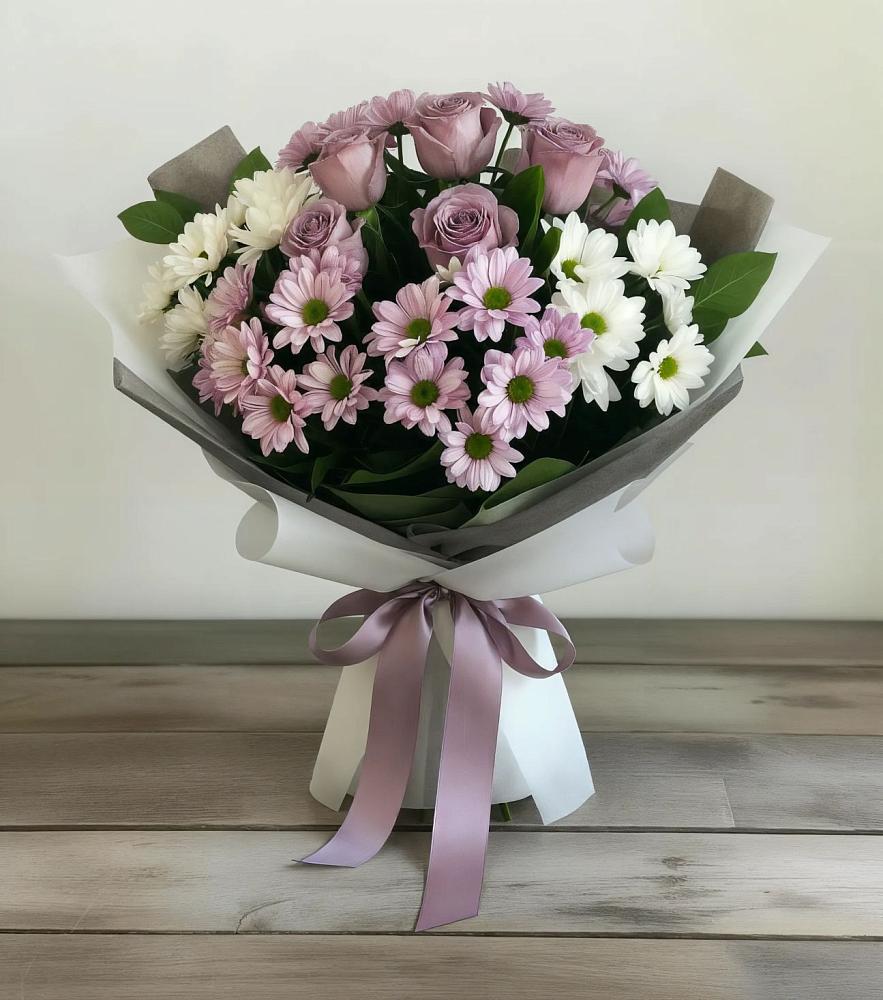 Букет цветов из: Хризантемы и Розы в Рощино Новгородская область