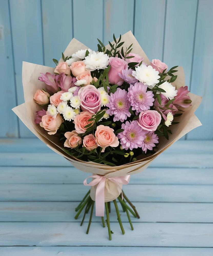 Букет цветов из: Хризантемы, Розы и Альстромерии в Рощино Новгородская область