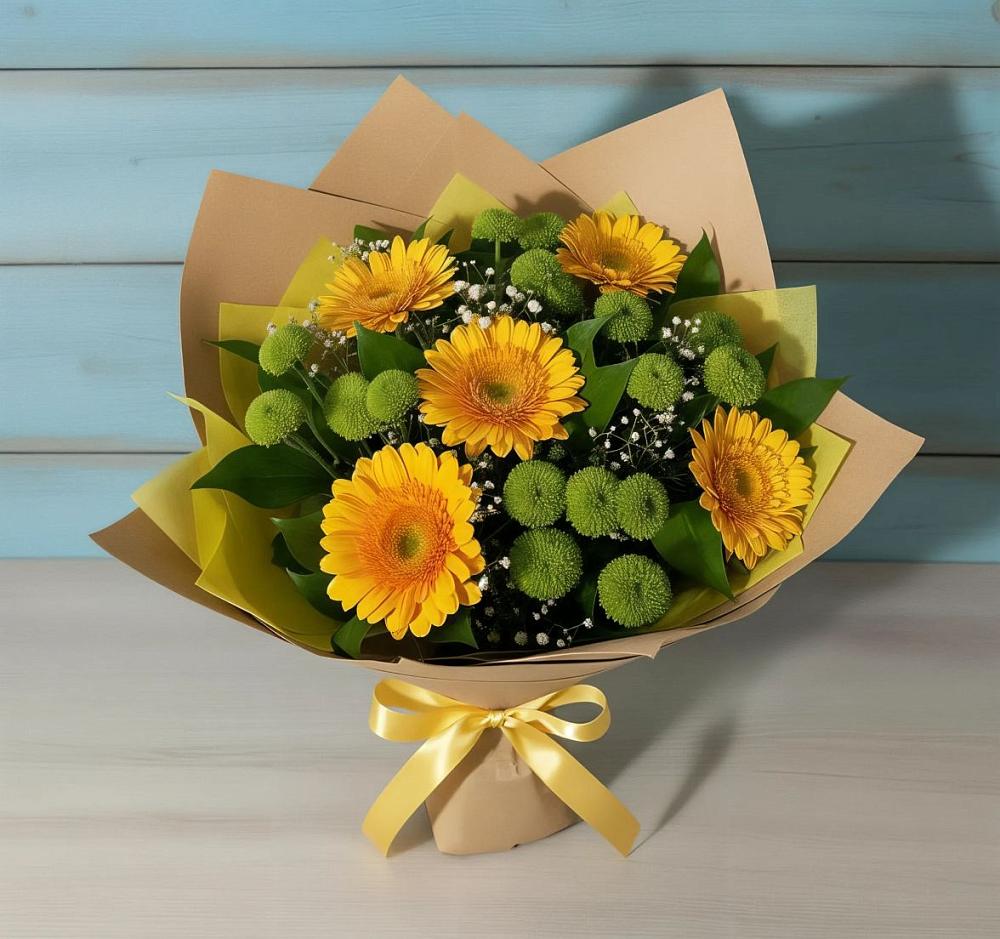 Букет цветов из: Герберы и Хризантемы в Рощино Новгородская область