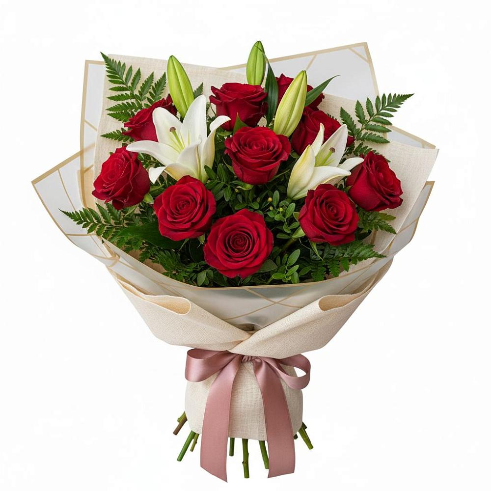 Букет цветов из: Лилии и Розы в Рощино Новгородская область