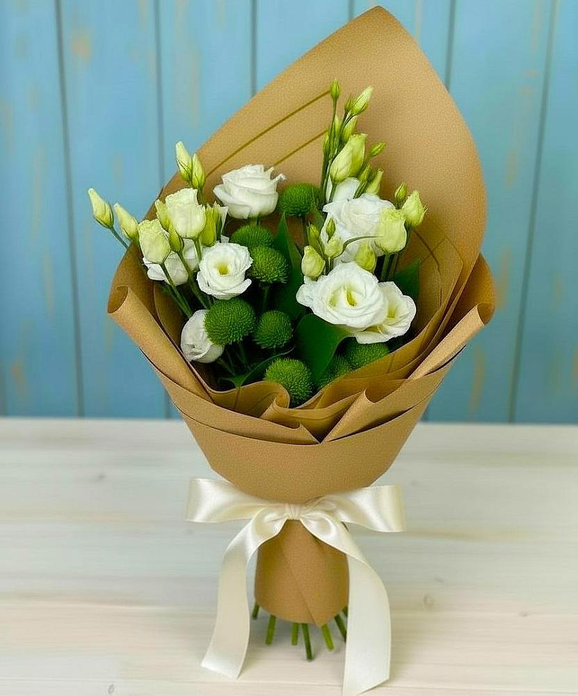 Букет цветов из: Хризантемы и Лизиантусы в Рощино Новгородская область