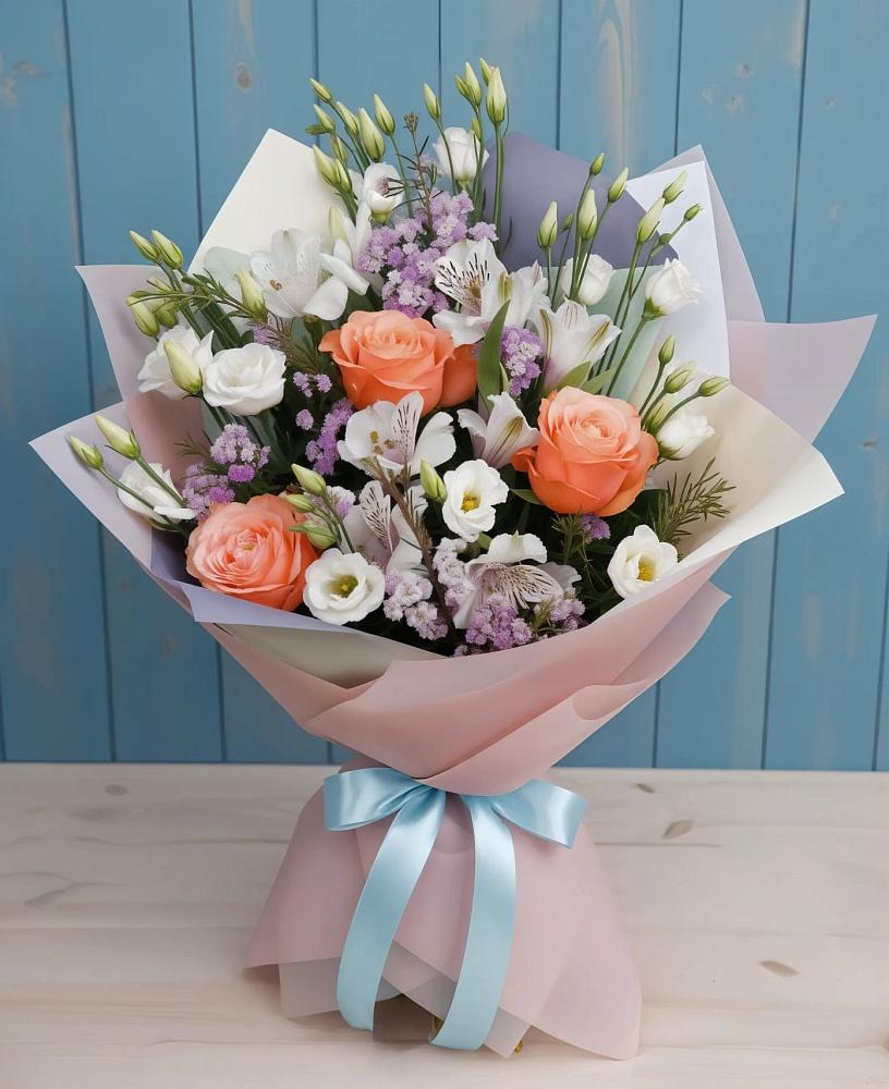 Букет цветов из: Лизиантусы, Розы, Альстромерии и Гипсофила в Рощино Новгородская область