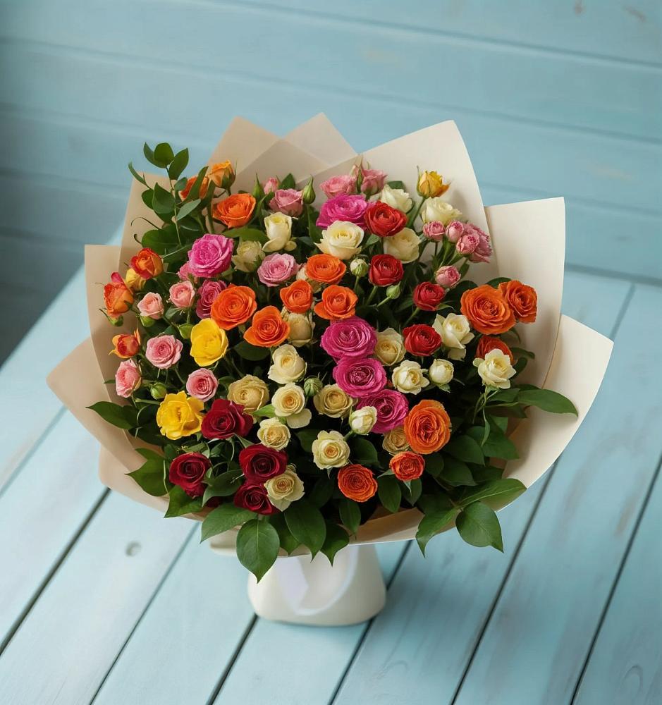 Букет Микс из разноцветных кустовых роз в Рощино Новгородская область
