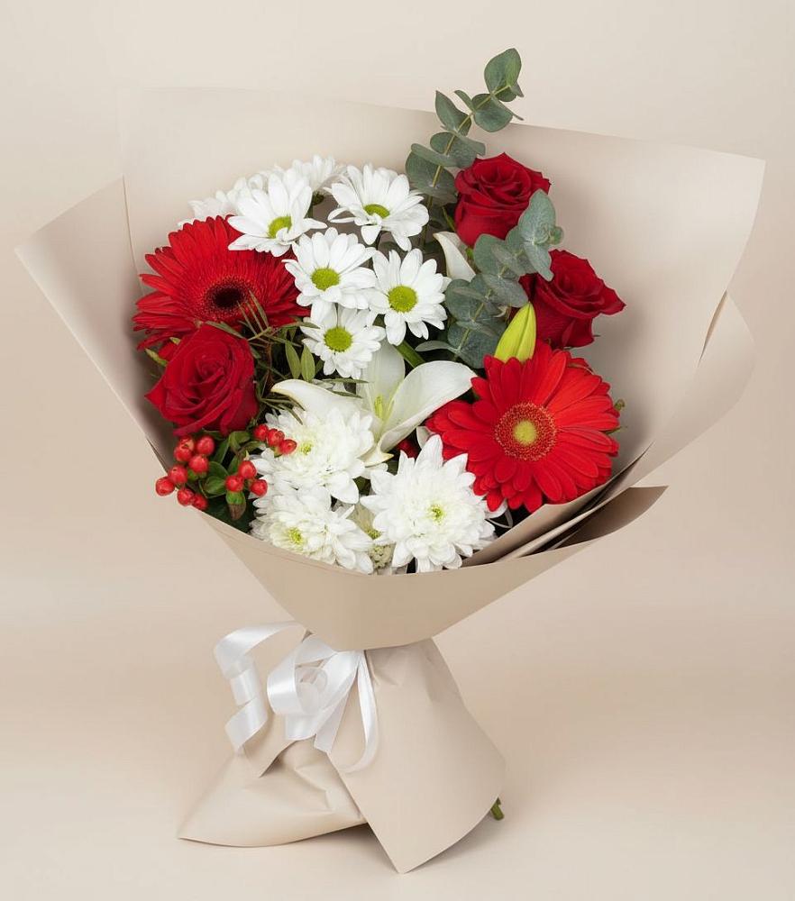 Букет цветов из: Розы, Хризантемы, Герберы и Лилии в Рощино Новгородская область