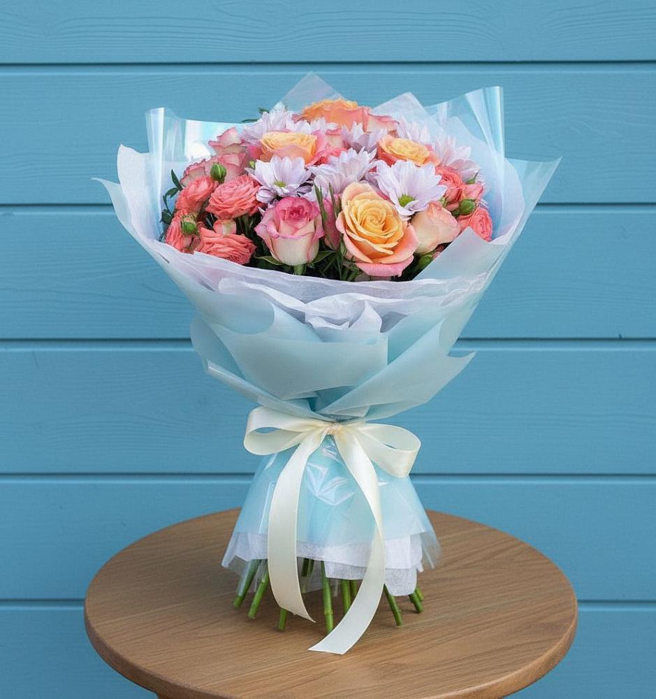 Букет цветов из: Хризантемы и Розы в Рощино Новгородская область