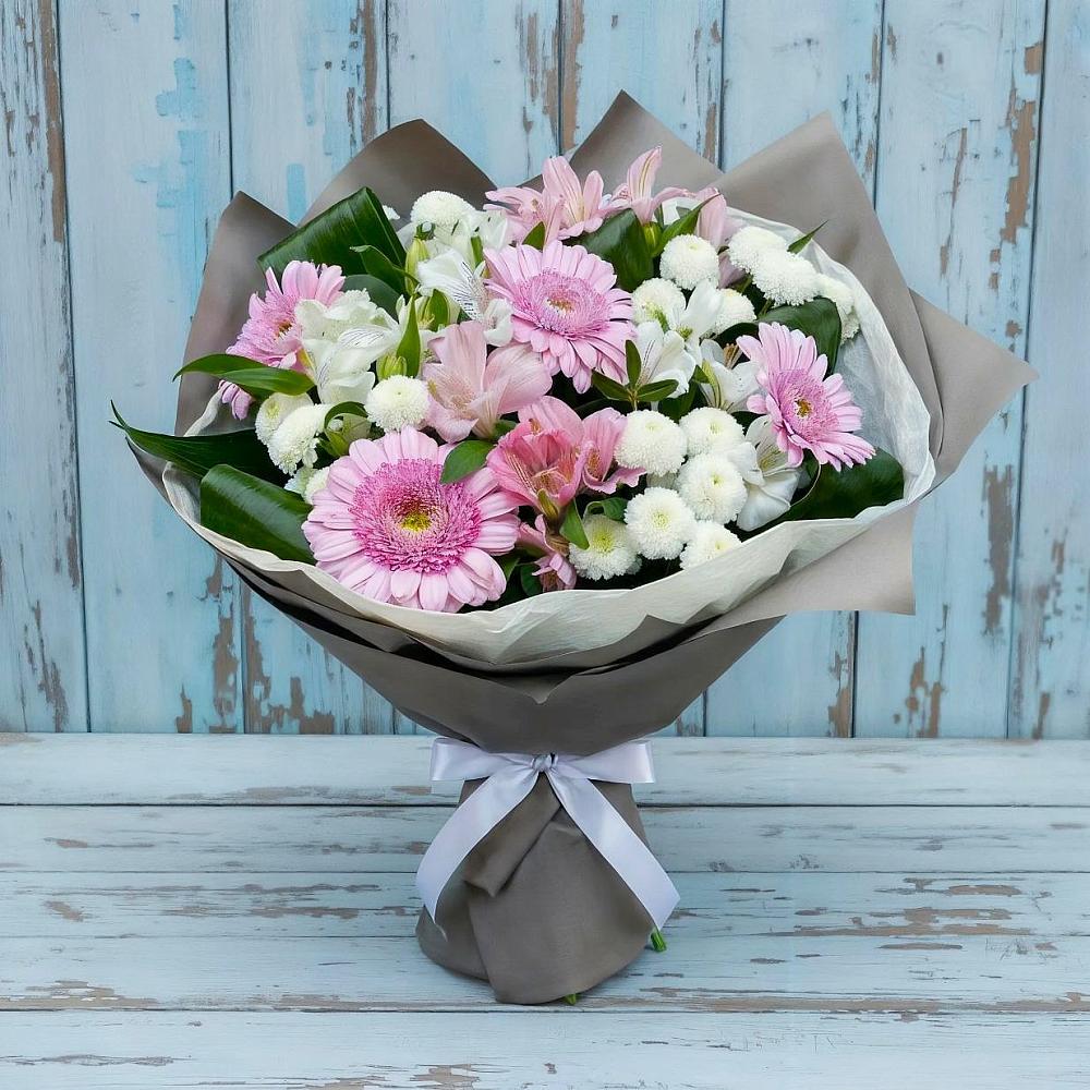 Букет цветов из: Герберы, Альстромерии и Хризантемы в Рощино Новгородская область