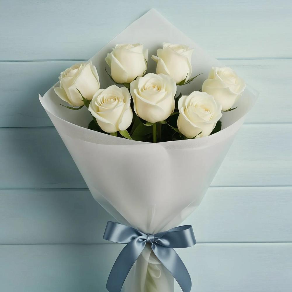 Букет 7 Белых роз Эдлесс Лав в Рощино Новгородская область
