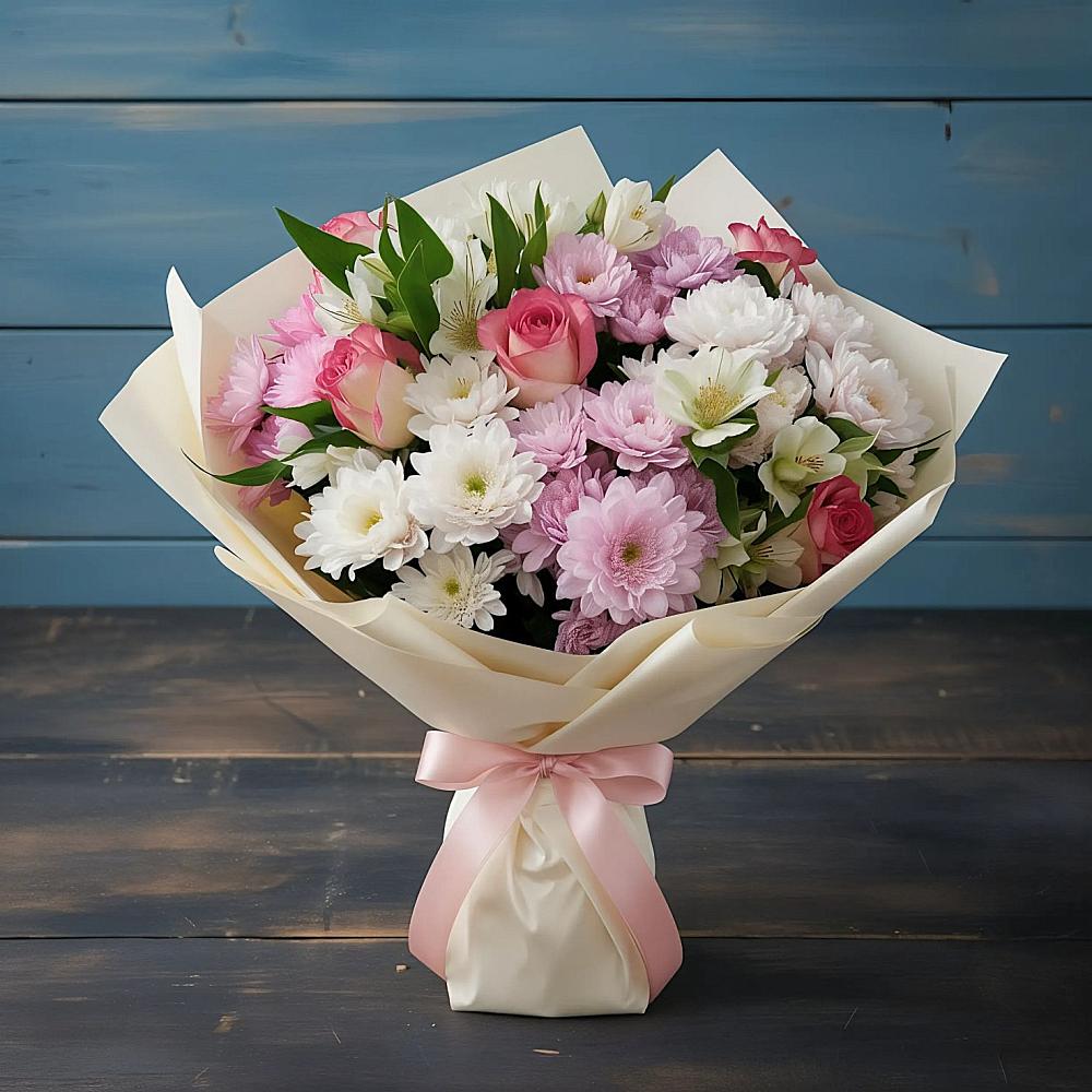 Букет цветов из: Хризантемы, Альстромерии и Розы в Рощино Новгородская область